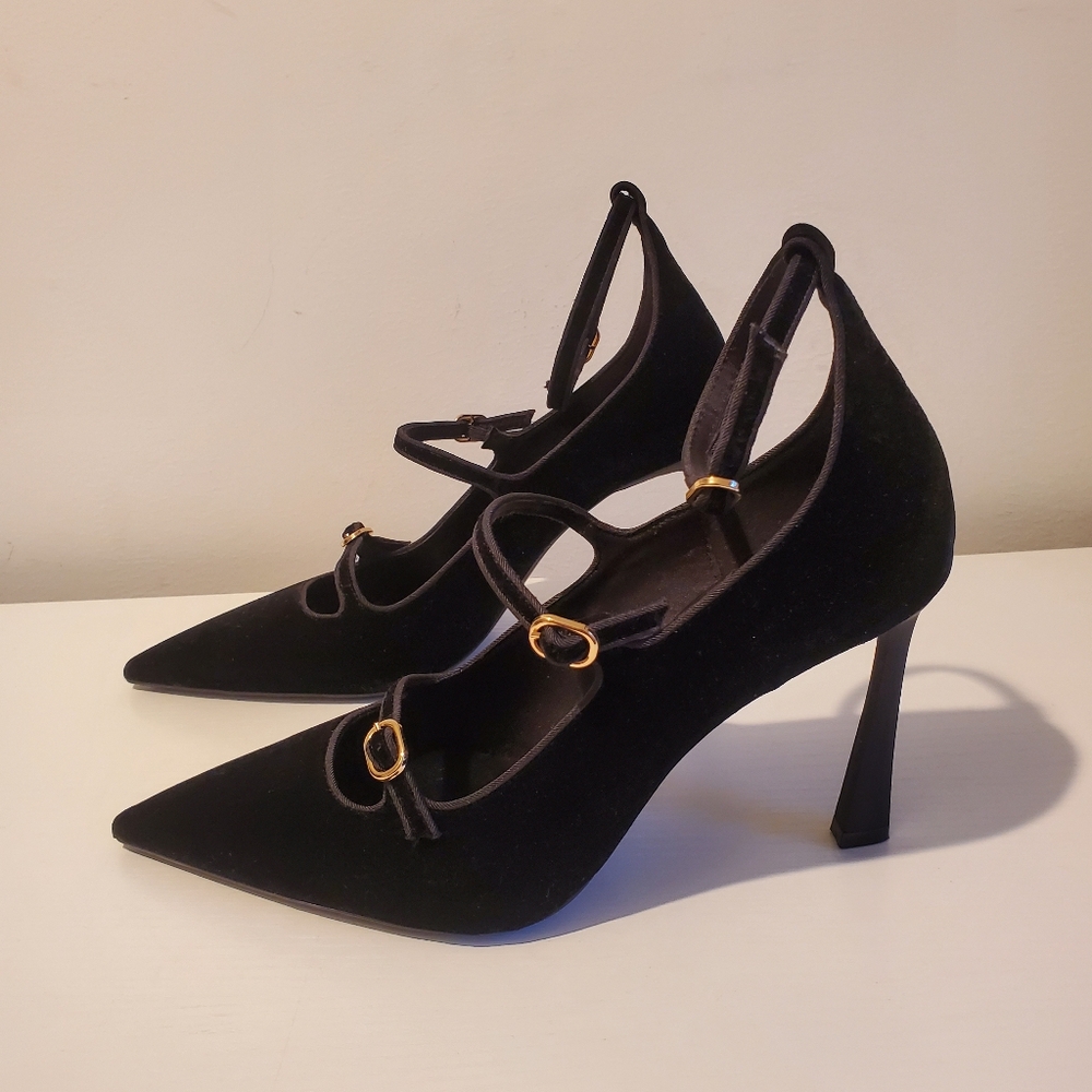 ZARA Black Velvet pointy toe 3 Strap Heels Size US 10 EU 41